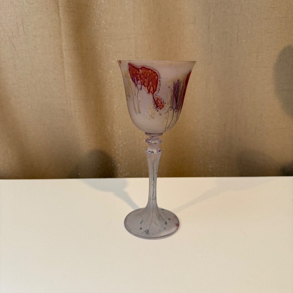 Artisan Hand Blown Frosted Glass Wine Goblet Abstract Floral
